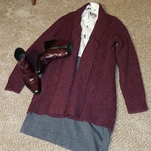 Long open wine colored cardigan with flecks of col